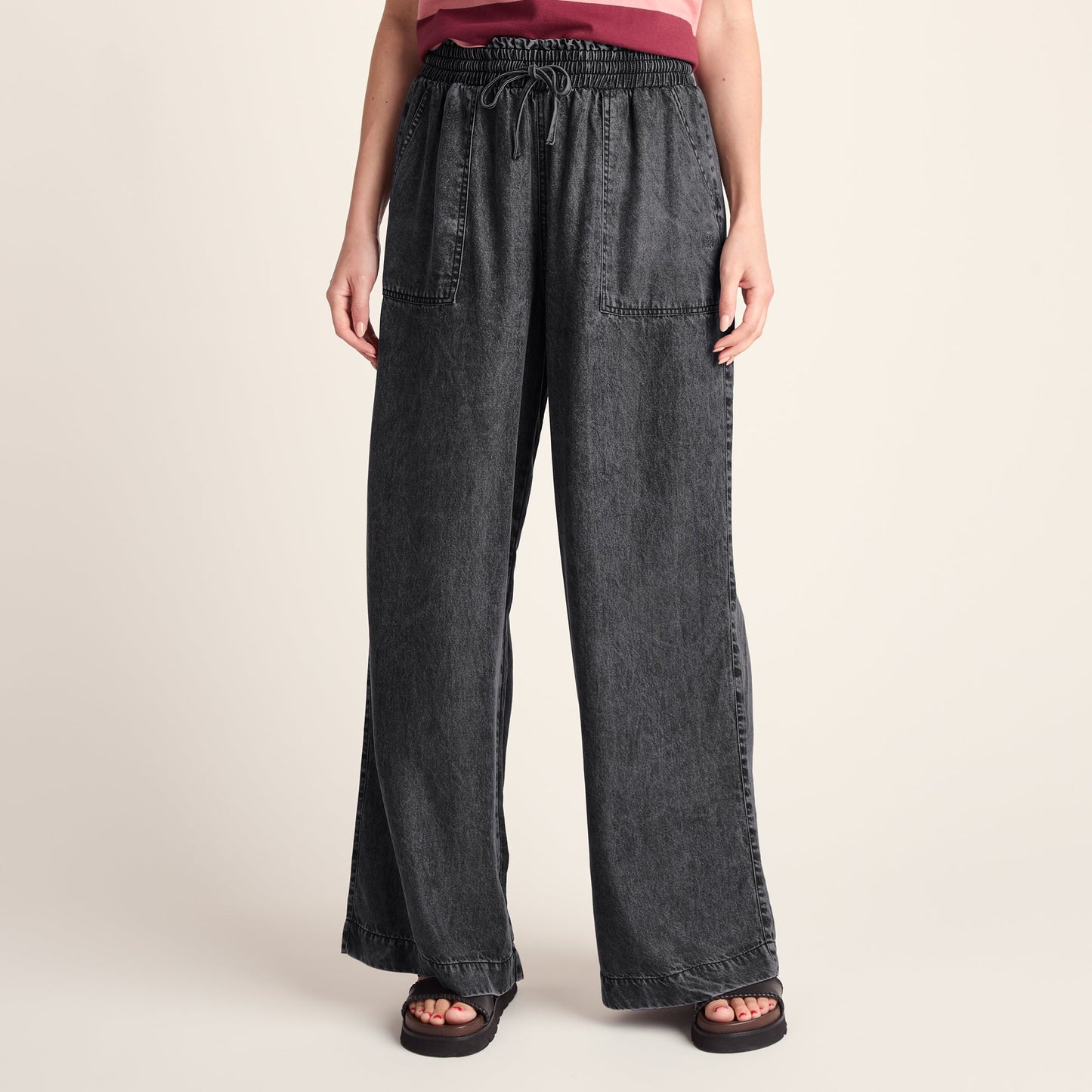 Lucy Womens Wide Leg Denim Look Trousers - Washed Black