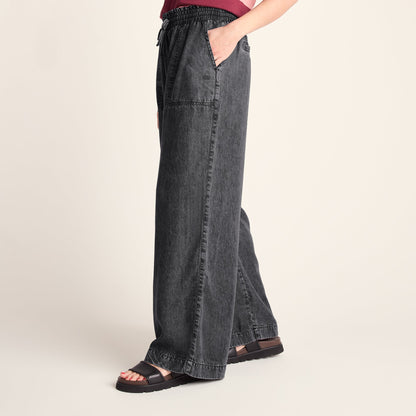 Lucy Womens Wide Leg Denim Look Trousers - Washed Black