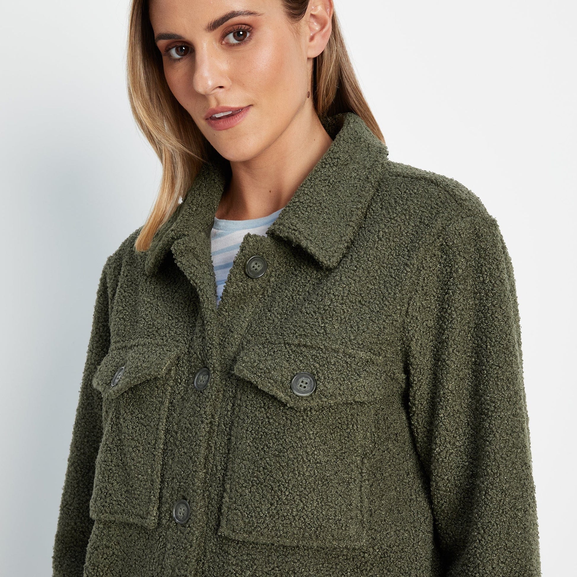 Maxine Womens Supersoft Sherpa Fleece Shacket - Khaki