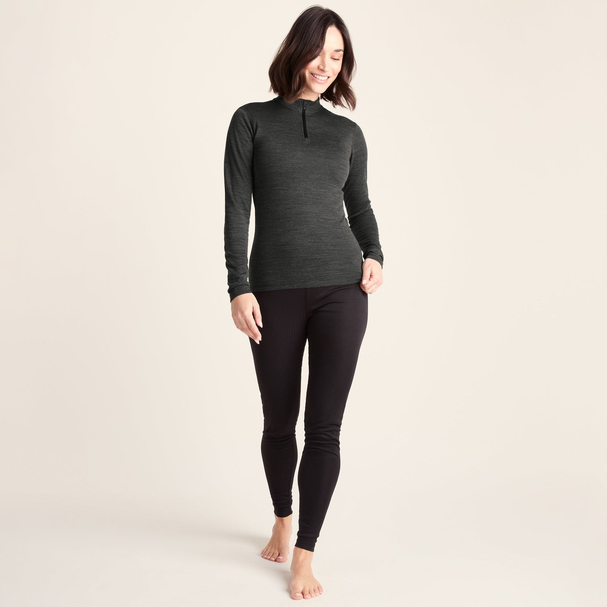 Nevis Womens Merino Base Layer Zip Neck - Grey Marl