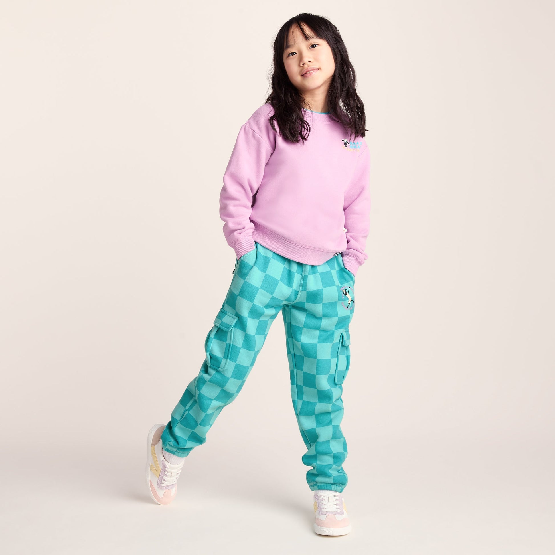 Polypay Kids Shaun the Sheep Sweat Pant - Spearmint/Bubblegum Checkerboard