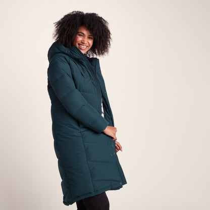 Raleigh Luxe Womens Long Shower Resistant Down Insulated Jacket - Petrol Green