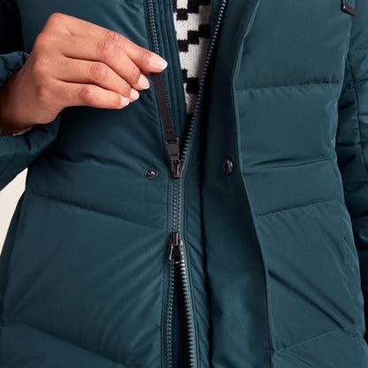 Raleigh Luxe Womens Long Shower Resistant Down Insulated Jacket - Petrol Green