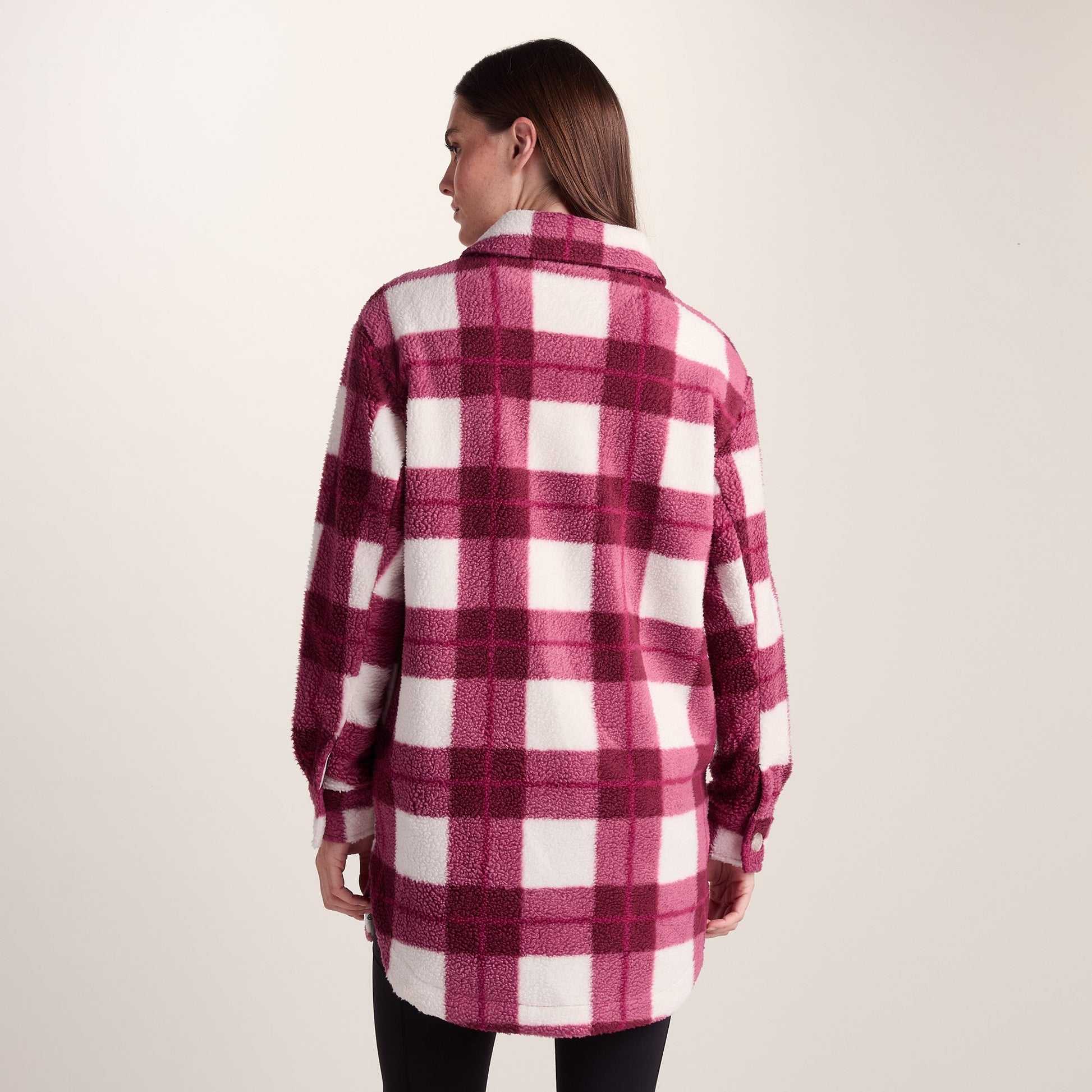 Sally Womens Sherpa Fleece Shacket - Burgundy Check