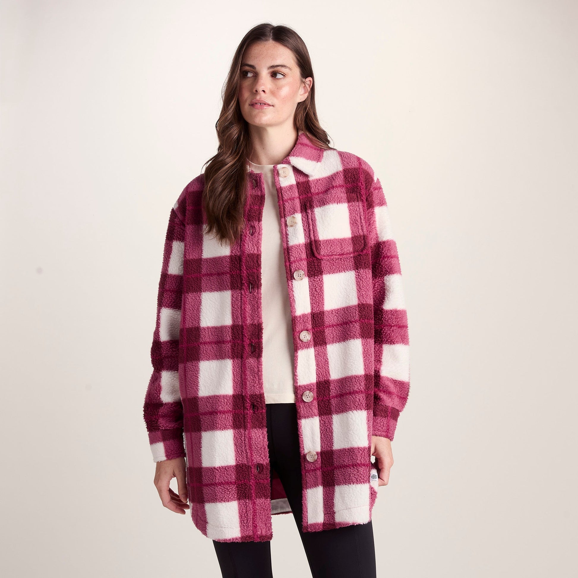 Sally Womens Sherpa Fleece Shacket - Burgundy Check