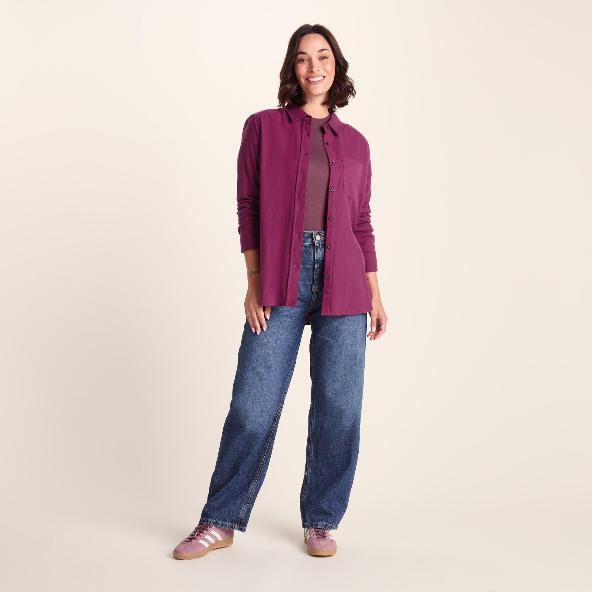 Teiga Womens Long Sleeve Cotton Flannel Shirt - Washed Burgundy
