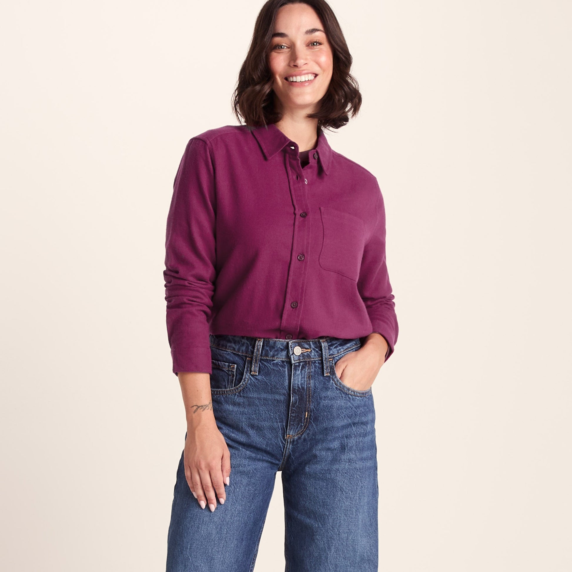 Teiga Womens Long Sleeve Cotton Flannel Shirt - Washed Burgundy