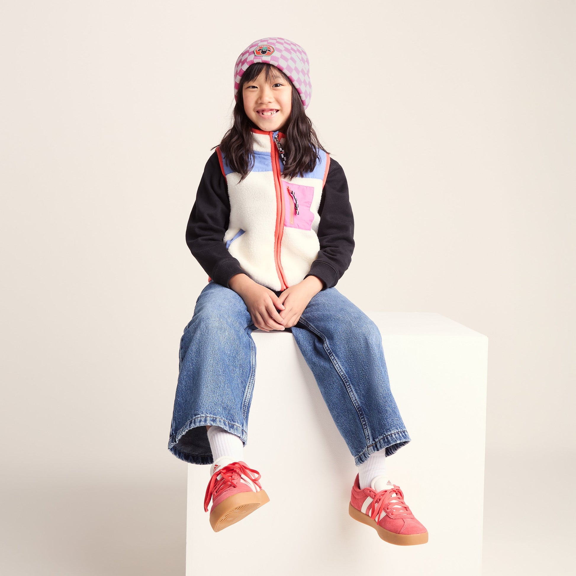 Uda Kids Shaun the Sheep Knit Hat - Pink White Checkerboard