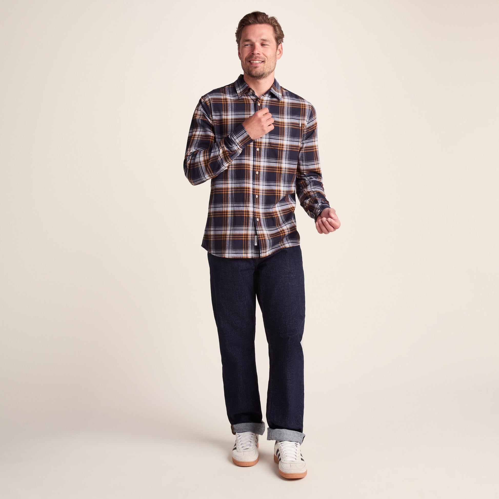 Whitman Mens Long Sleeve Cotton Flannel Shirt - Dark Indigo/Mahogany Check
