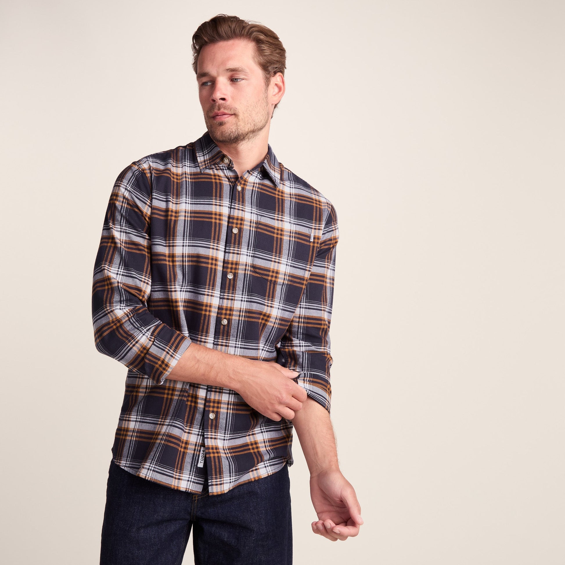 Whitman Mens Long Sleeve Cotton Flannel Shirt - Dark Indigo/Mahogany Check