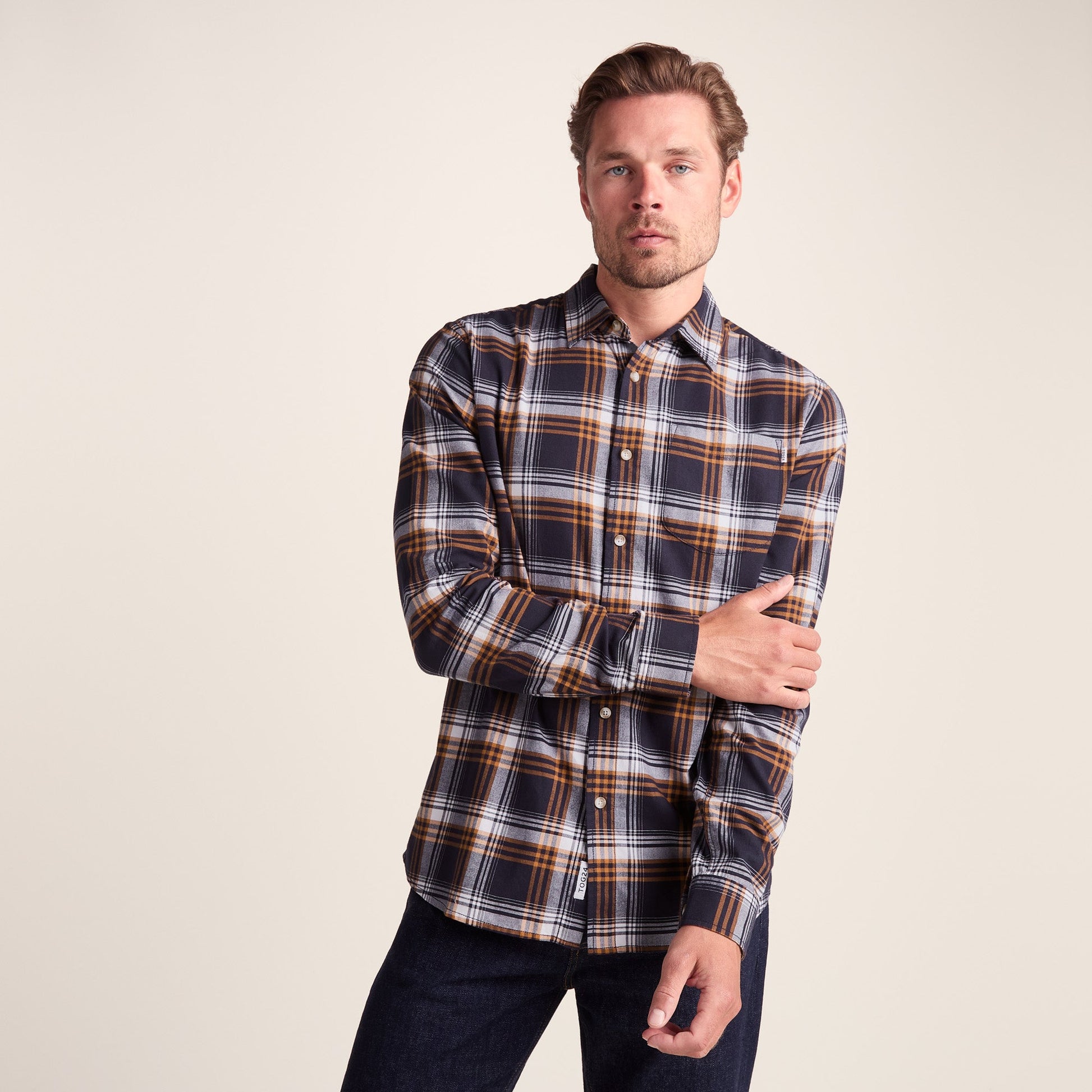 Whitman Mens Long Sleeve Cotton Flannel Shirt - Dark Indigo/Mahogany Check