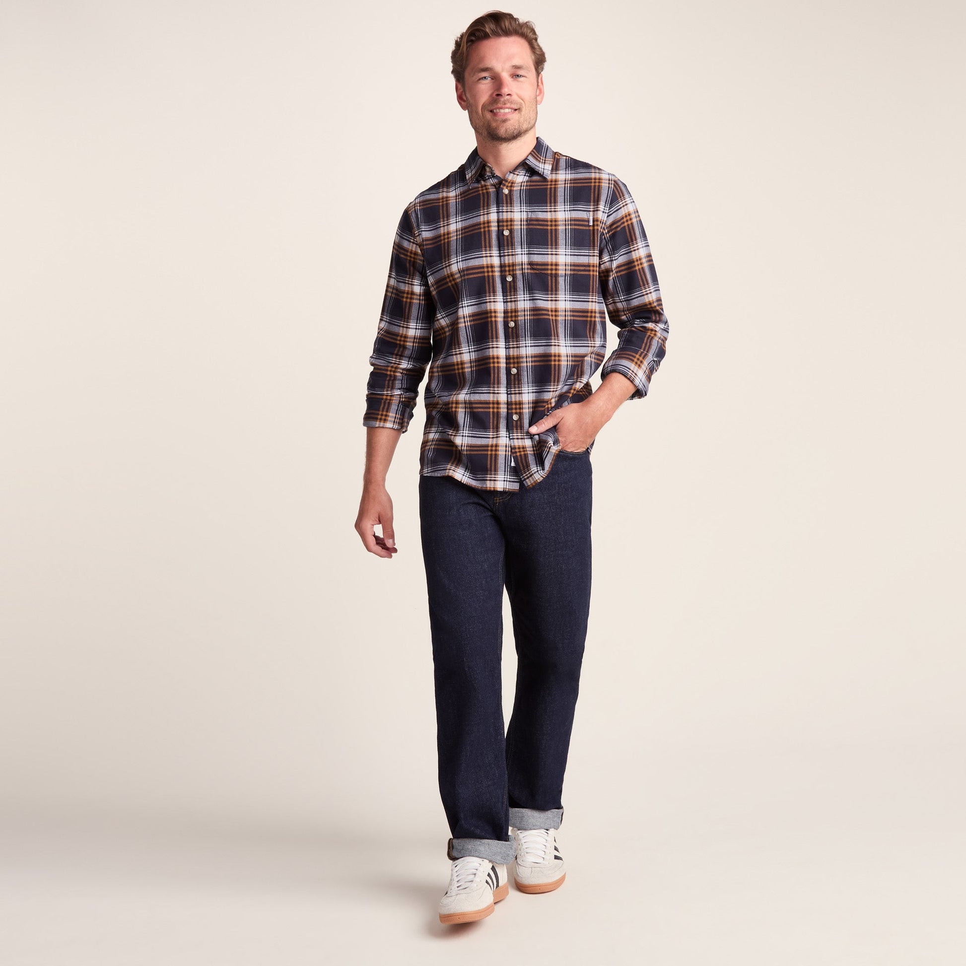 Whitman Mens Long Sleeve Cotton Flannel Shirt - Dark Indigo/Mahogany Check