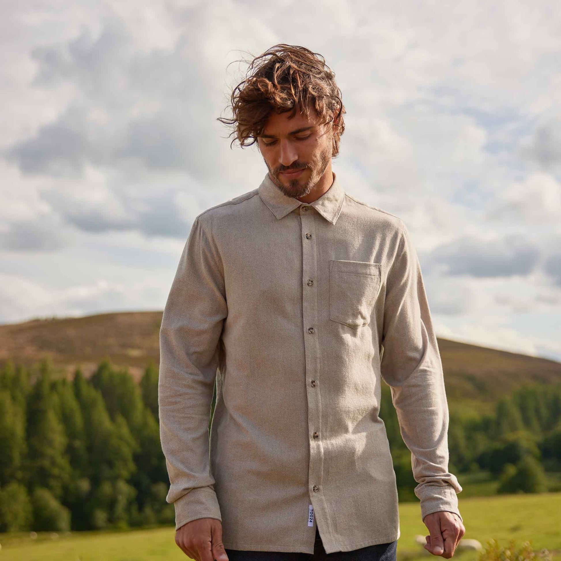 Draper Mens Long Sleeve Cotton Herringbone Shirt - Hazelnut