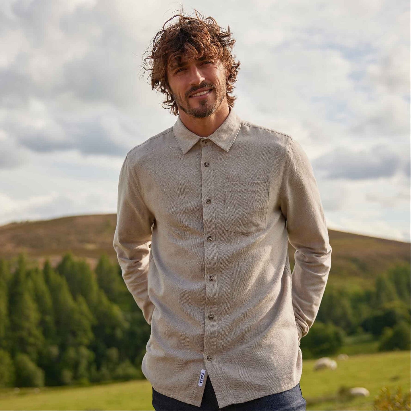 Draper Mens Long Sleeve Cotton Herringbone Shirt - Hazelnut