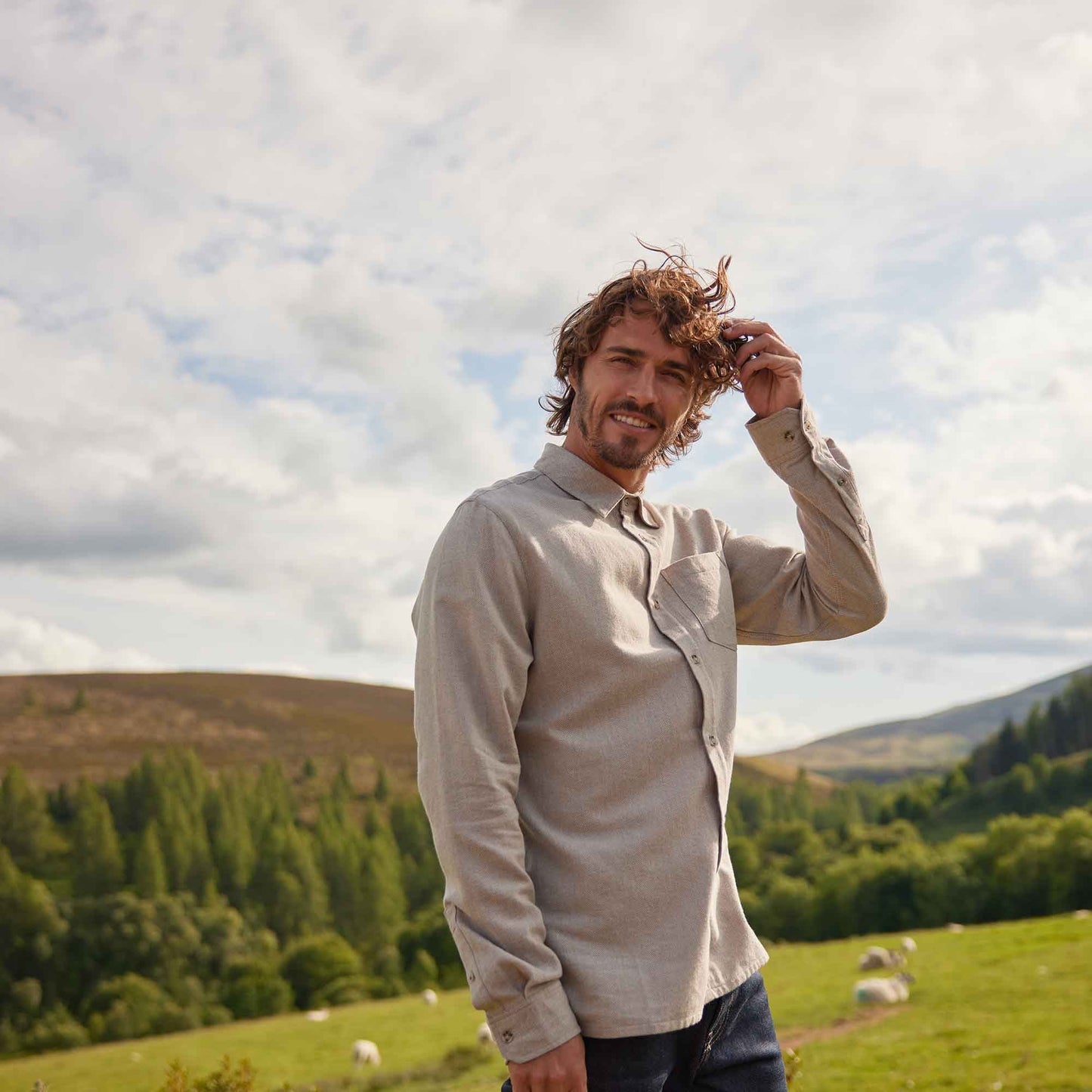 Draper Mens Long Sleeve Cotton Herringbone Shirt - Hazelnut
