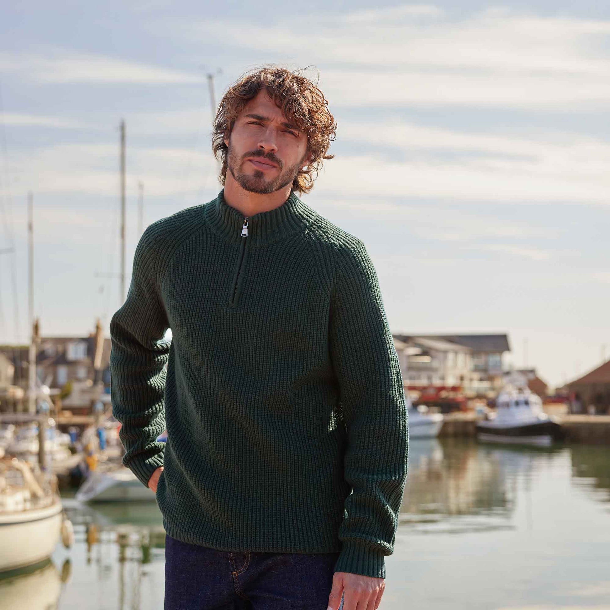 Glen Mens Chunky Knitted Zip Neck Jumper - Racing Green