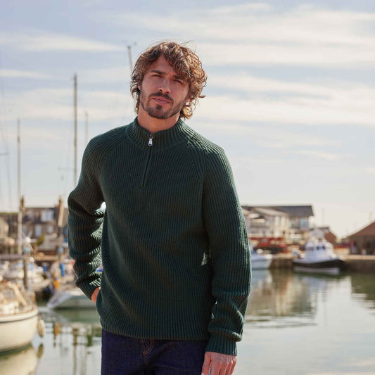 Glen Mens Chunky Knitted Zip Neck Jumper - Racing Green