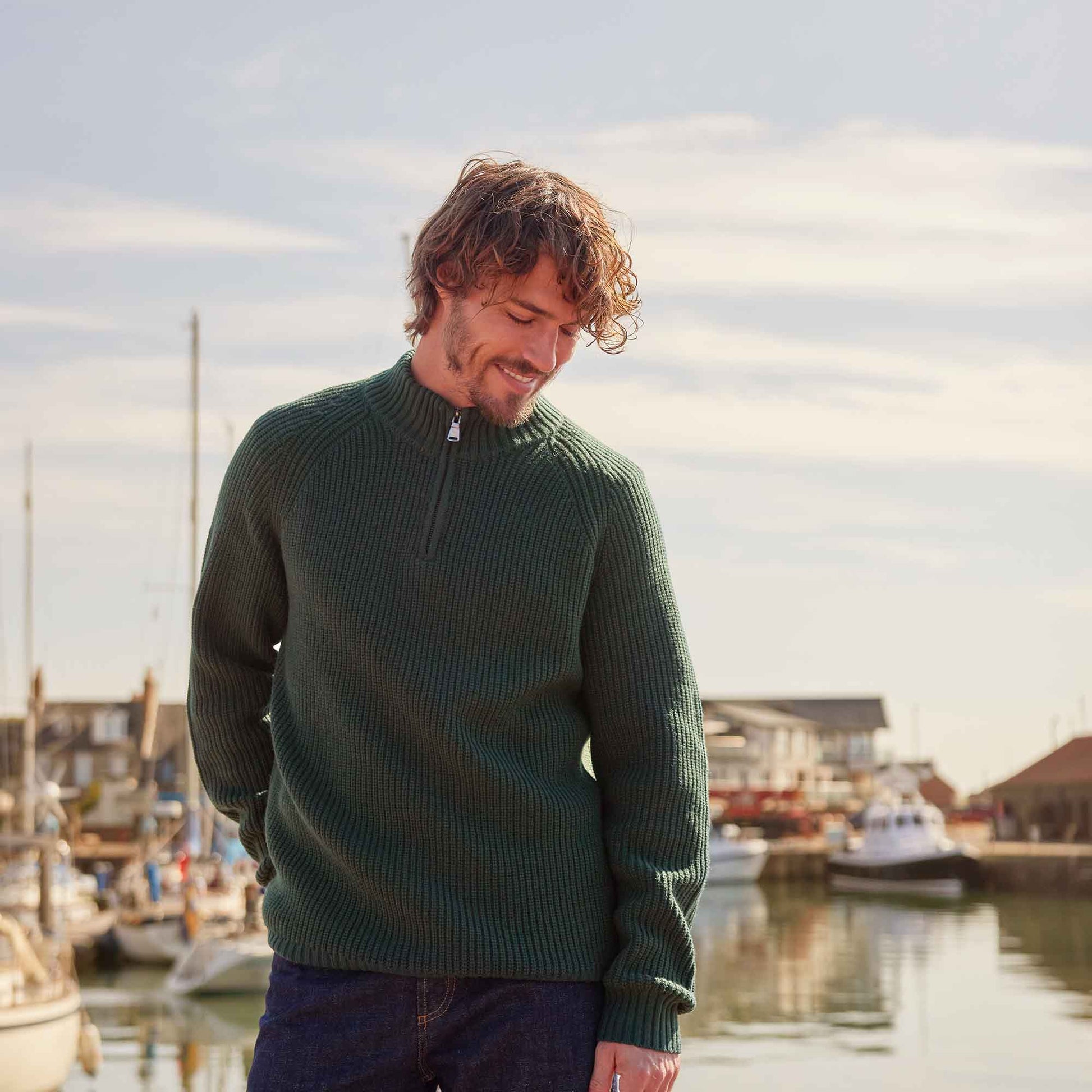 Glen Mens Chunky Knitted Zip Neck Jumper - Racing Green