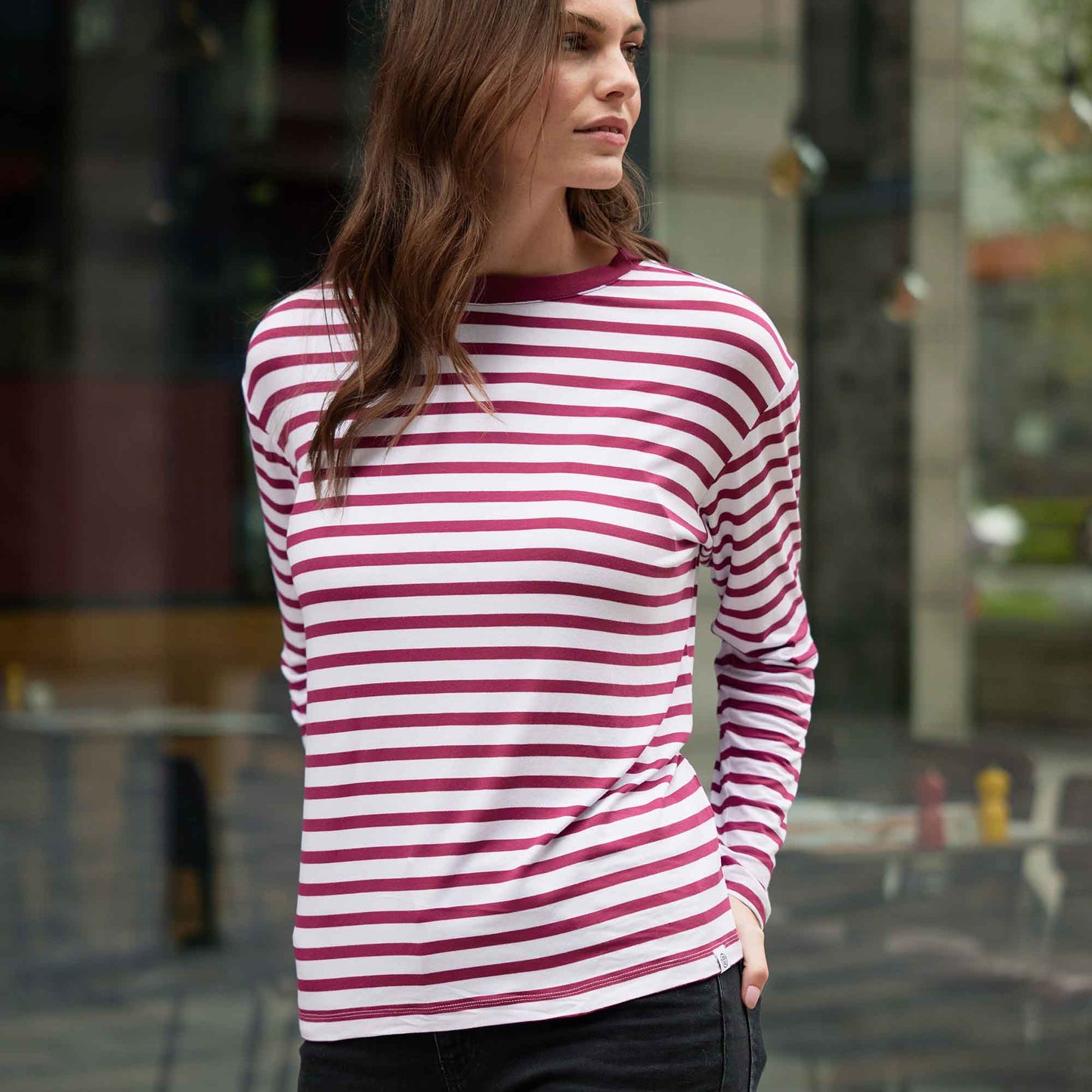 Kitty Womens Long Sleeve Striped T-Shirt - Washed Burgundy Stripe