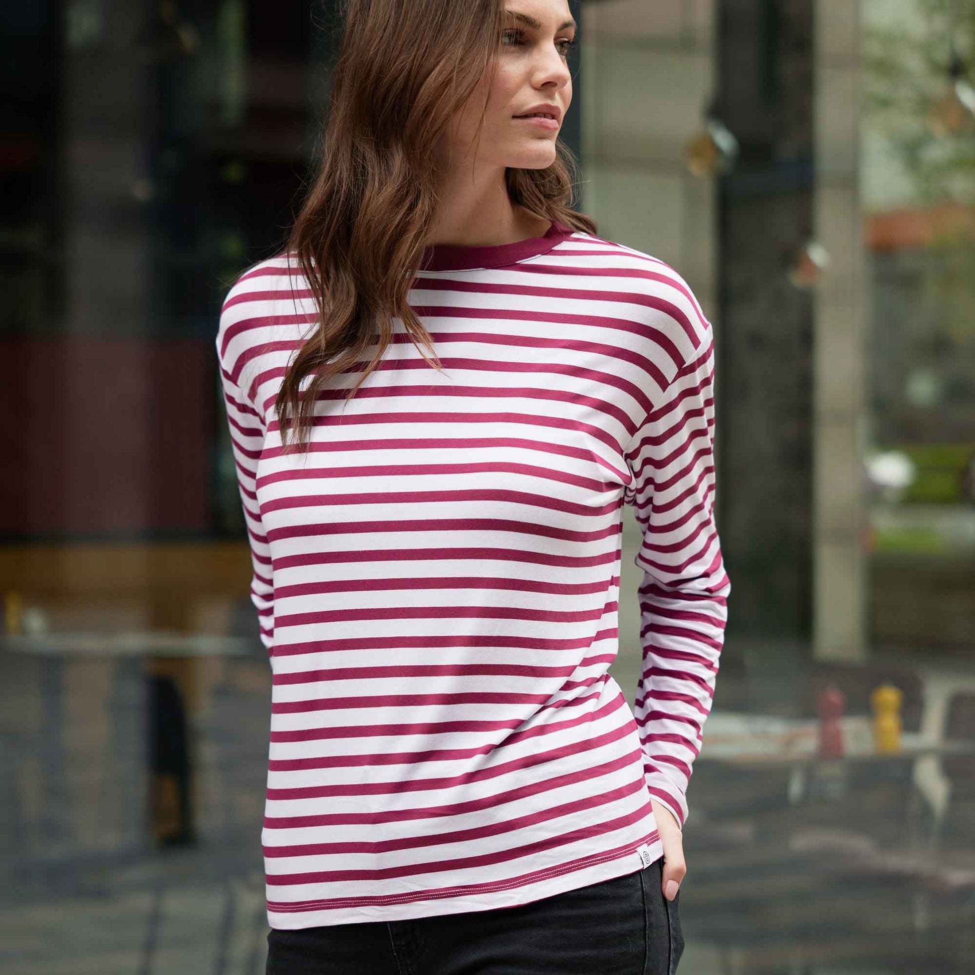Kitty Womens Long Sleeve Striped T-Shirt - Washed Burgundy Stripe