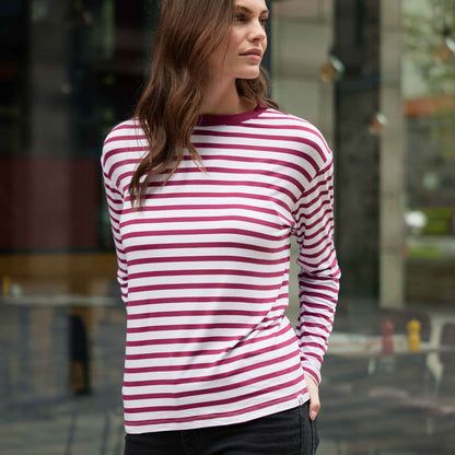 Kitty Womens Long Sleeve Striped T-Shirt - Washed Burgundy Stripe
