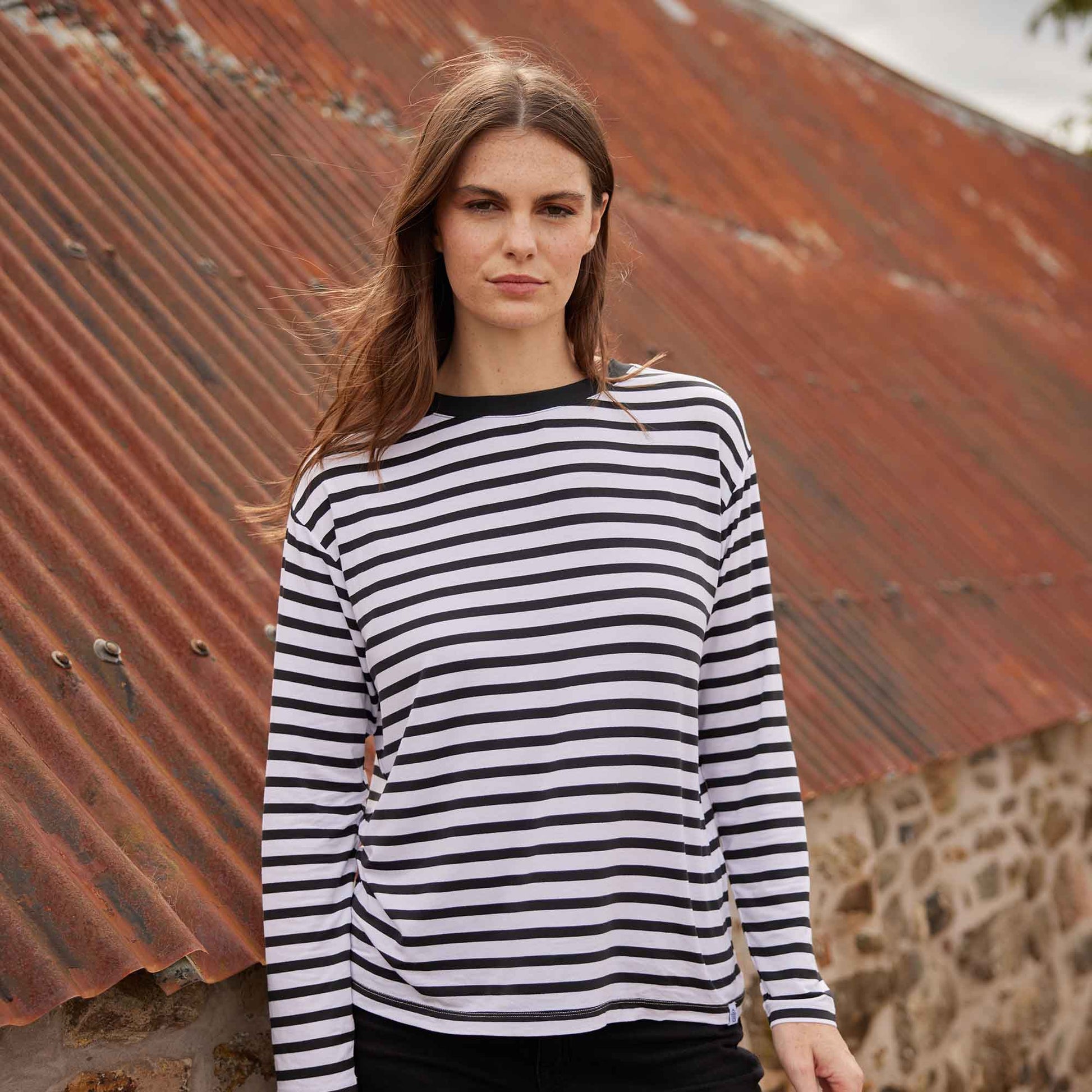 Kitty Womens Long Sleeve Striped T-Shirt - Washed Black Stripe