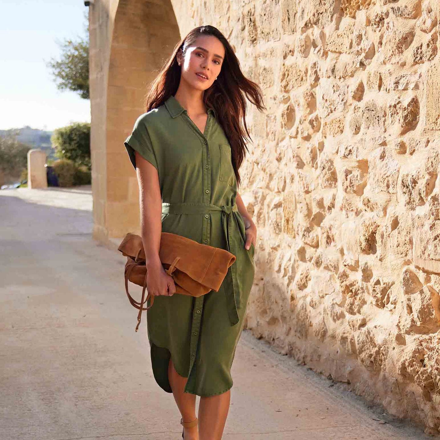 Lenira Womens Relaxed Fit Luxurious Tencel Lyocell Shirt Dress - Dark Matcha