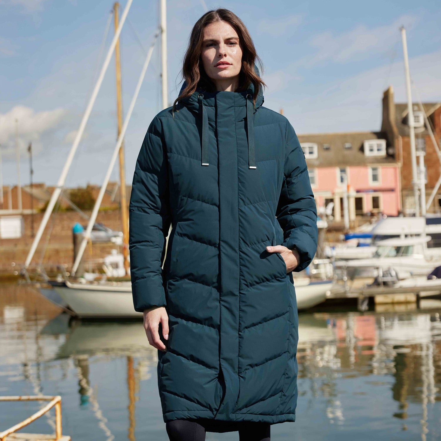 Raleigh Luxe Womens Long Shower Resistant Down Insulated Jacket - Petrol Green