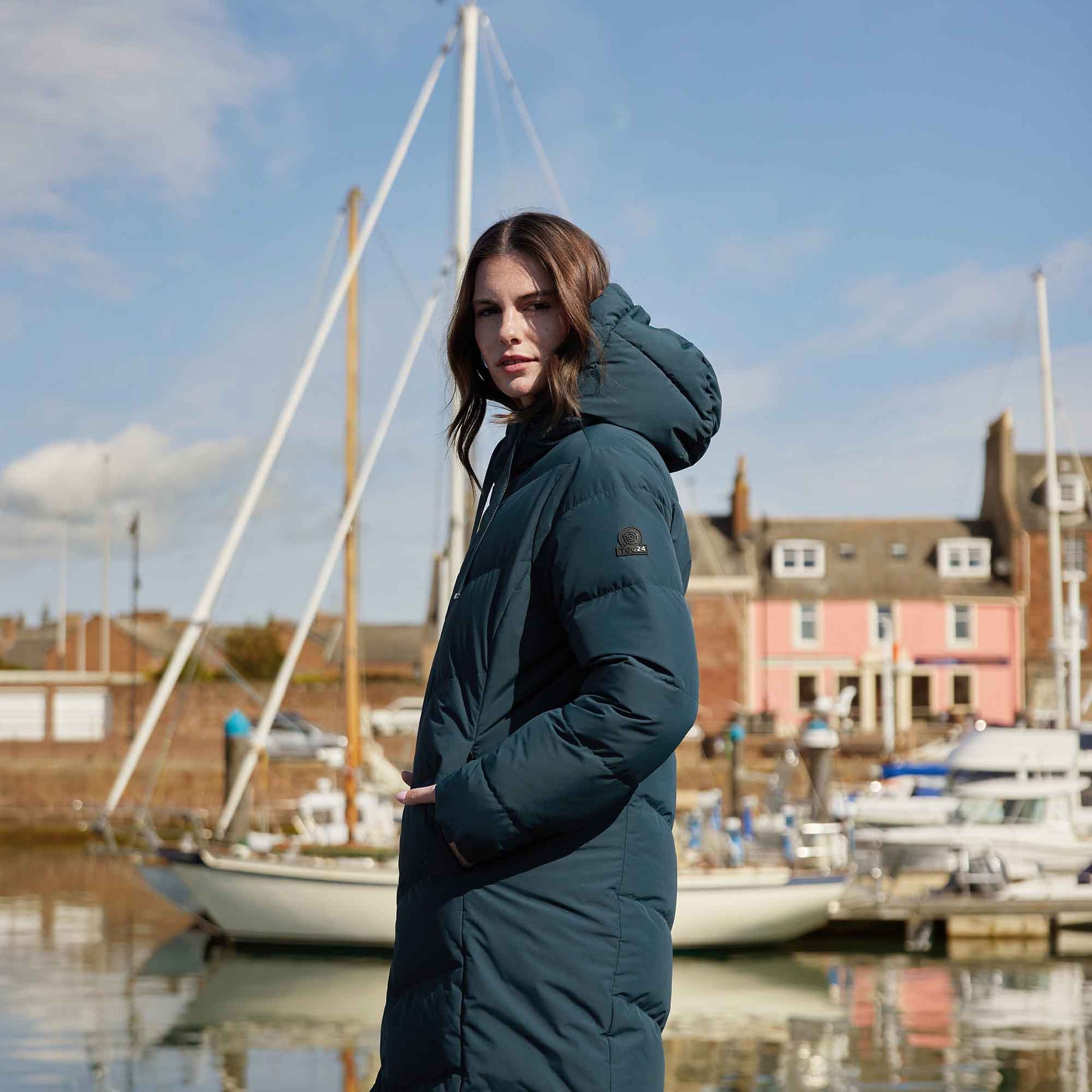 Raleigh Luxe Womens Long Shower Resistant Down Insulated Jacket - Petrol Green